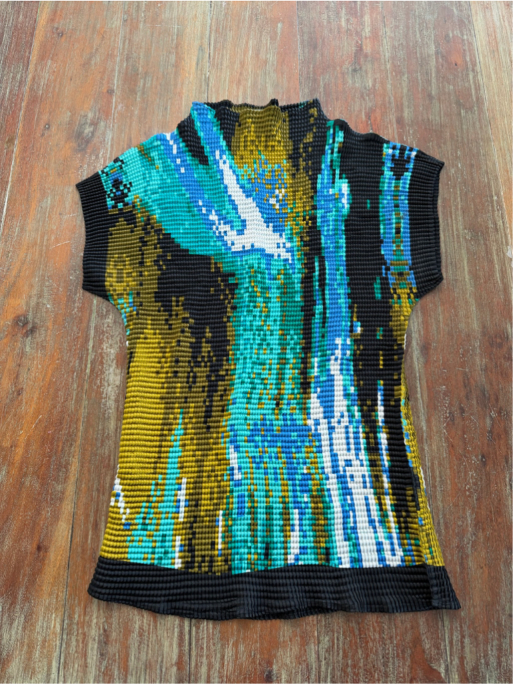 Vintage 90s Nicola Plissé Micro Pleated Mock Neck Top Large Abstract Blue Green